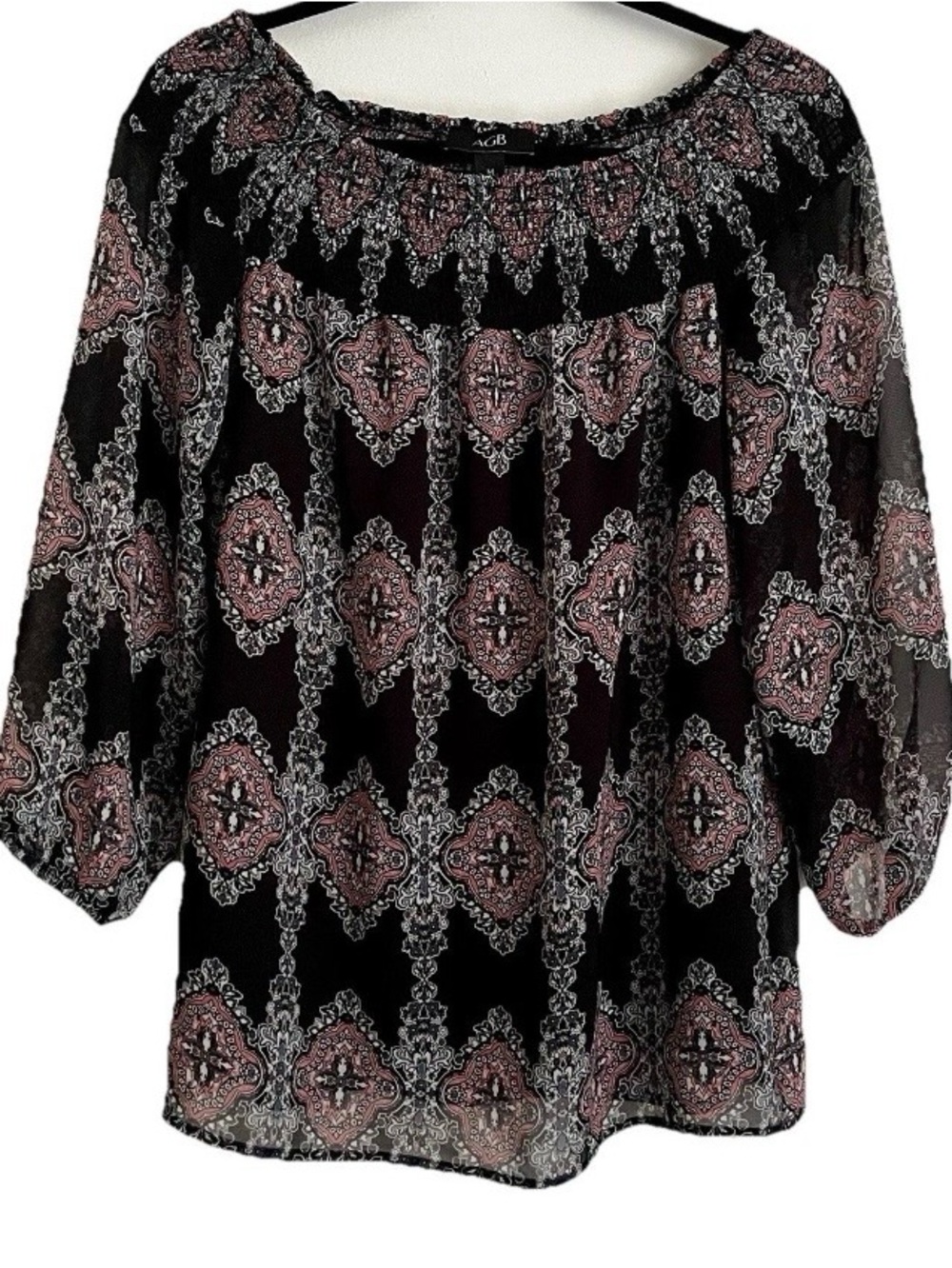 AGB Smocked Peasant Blouse M Sheer Sleeves Lined Whimsigoth Boho Colorful